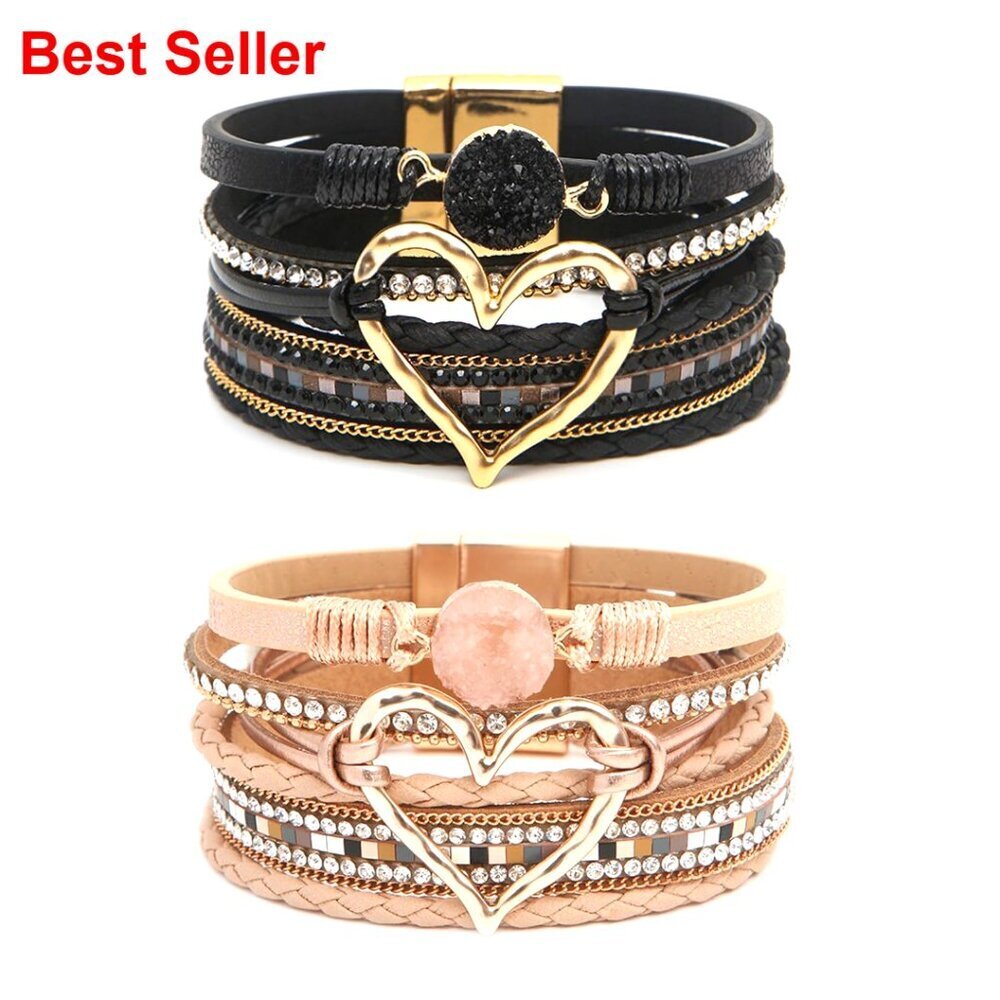 Leather Multi-Layer Wrap Bracelet with Heart Charm and Rhinestones